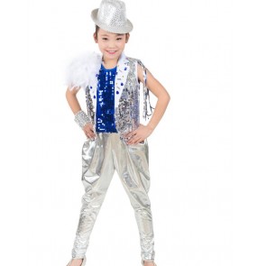 Silver royal blue sequins vest girls boys kids children school play stage performance hip hop jazz singer drummer performance outfits costumes